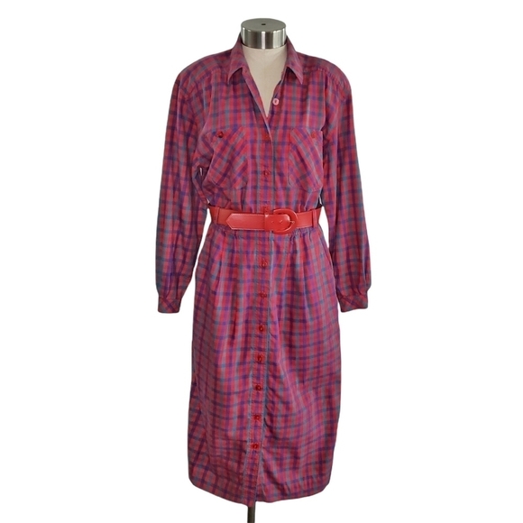 Liz Claiborne Dresses & Skirts - Vtg 80s 90s Liz Claiborne red plaid belted button front shirt dress size 8P